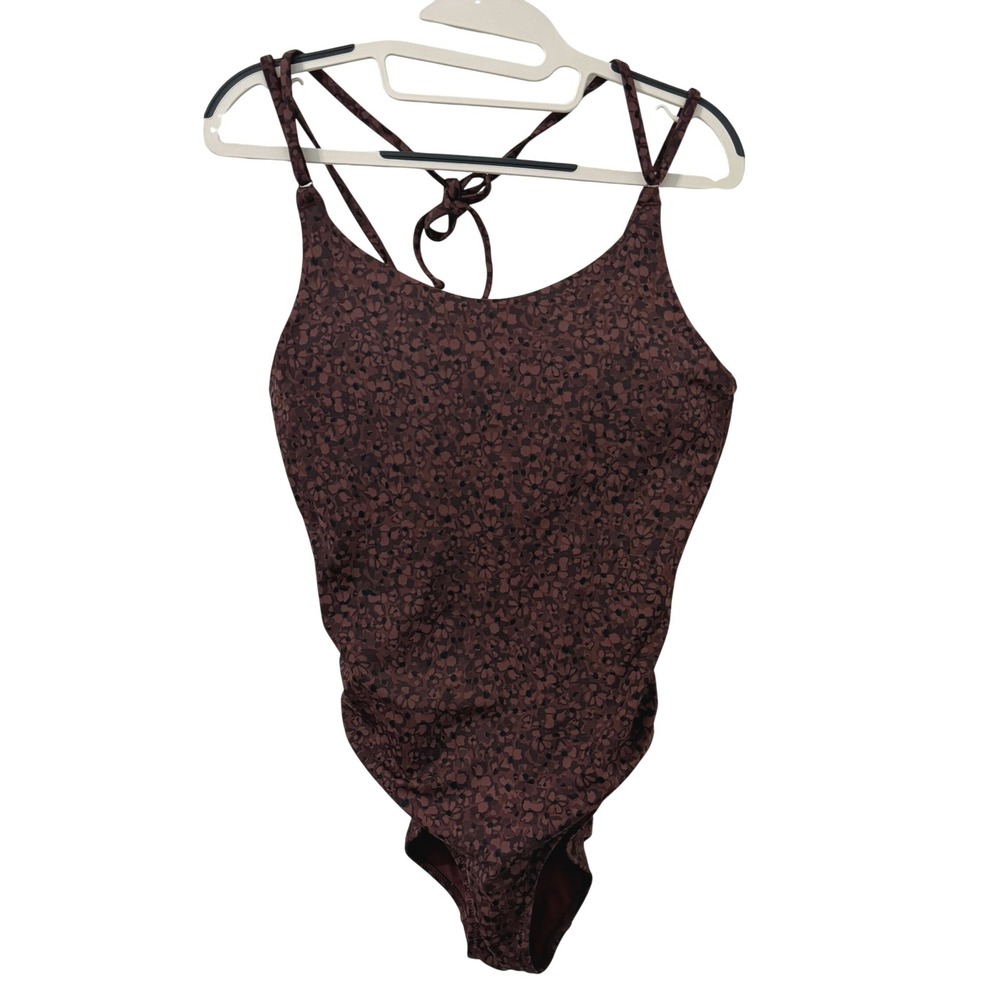 Athleta Womens Medium One Piece Swimsuit Maroon Floral Leopard Print Open Back